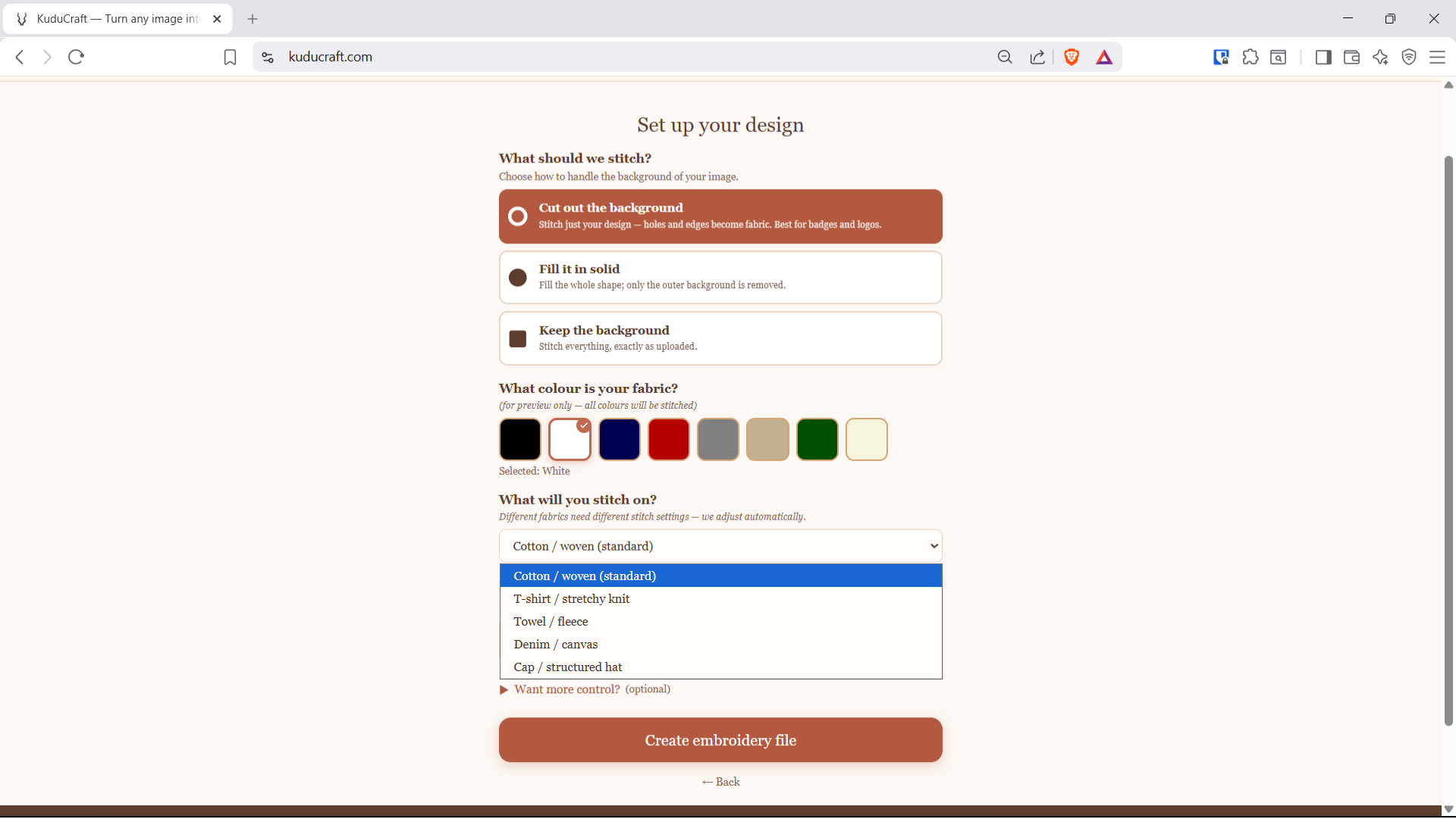 KuduCraft fabric type dropdown — cotton, t-shirt, towel, denim, cap